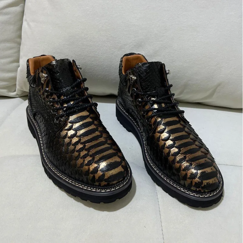 Python Black Gold Fashionable High-end Snake Skin High Top Men's Shoes Leather Suede Comfortable Short Men Loafers  Boots Oxford