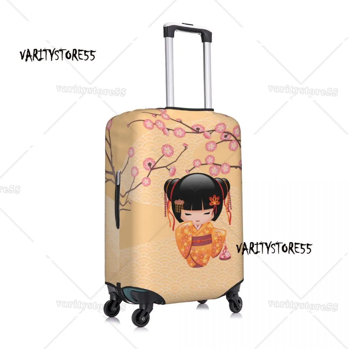 Kawaii Kokeshi Doll Cherry Blossoms Travel Luggage Cover Dust Proof Japanese Geisha Girl Suitcase Cover Protector Fit 18-32 Inch