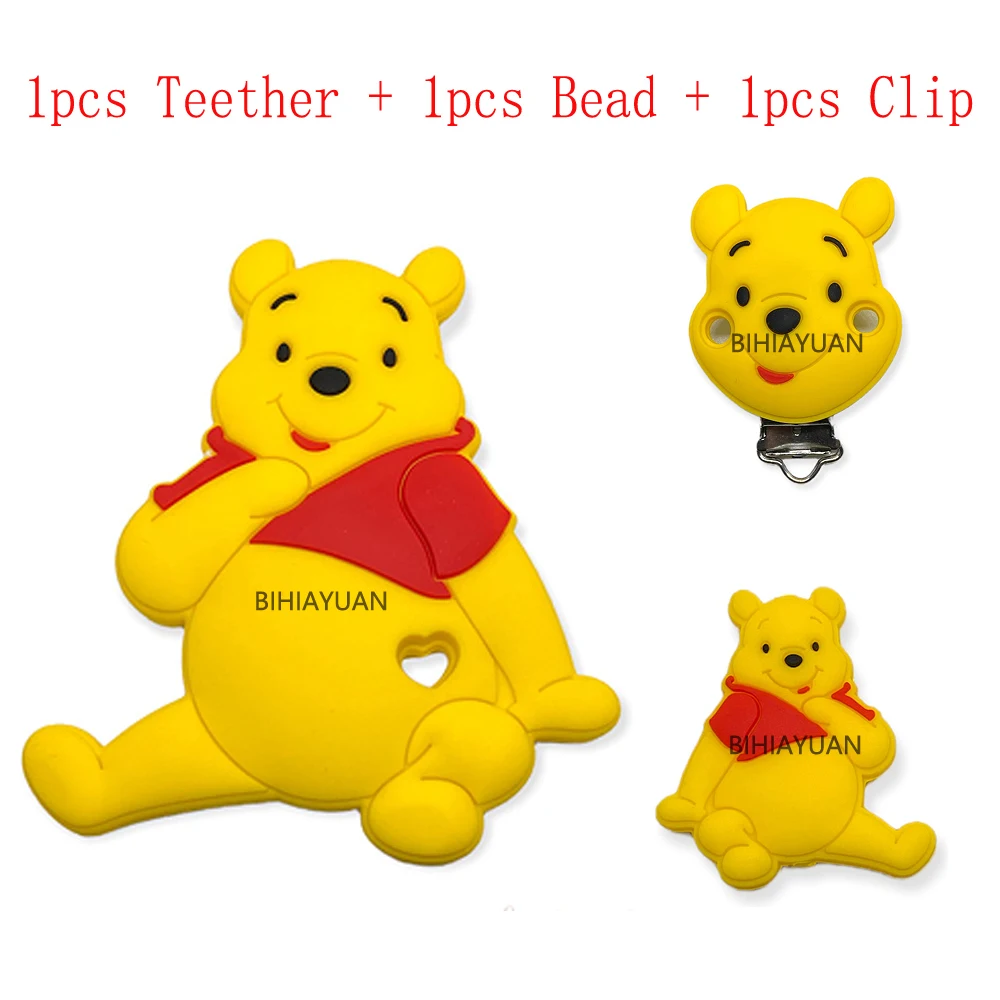 3pcs one set Winnie the pooh Silicone teether clip Focal Beads DIY Pacifier Chain Clips Beads pen Toy Jewelry Accessories