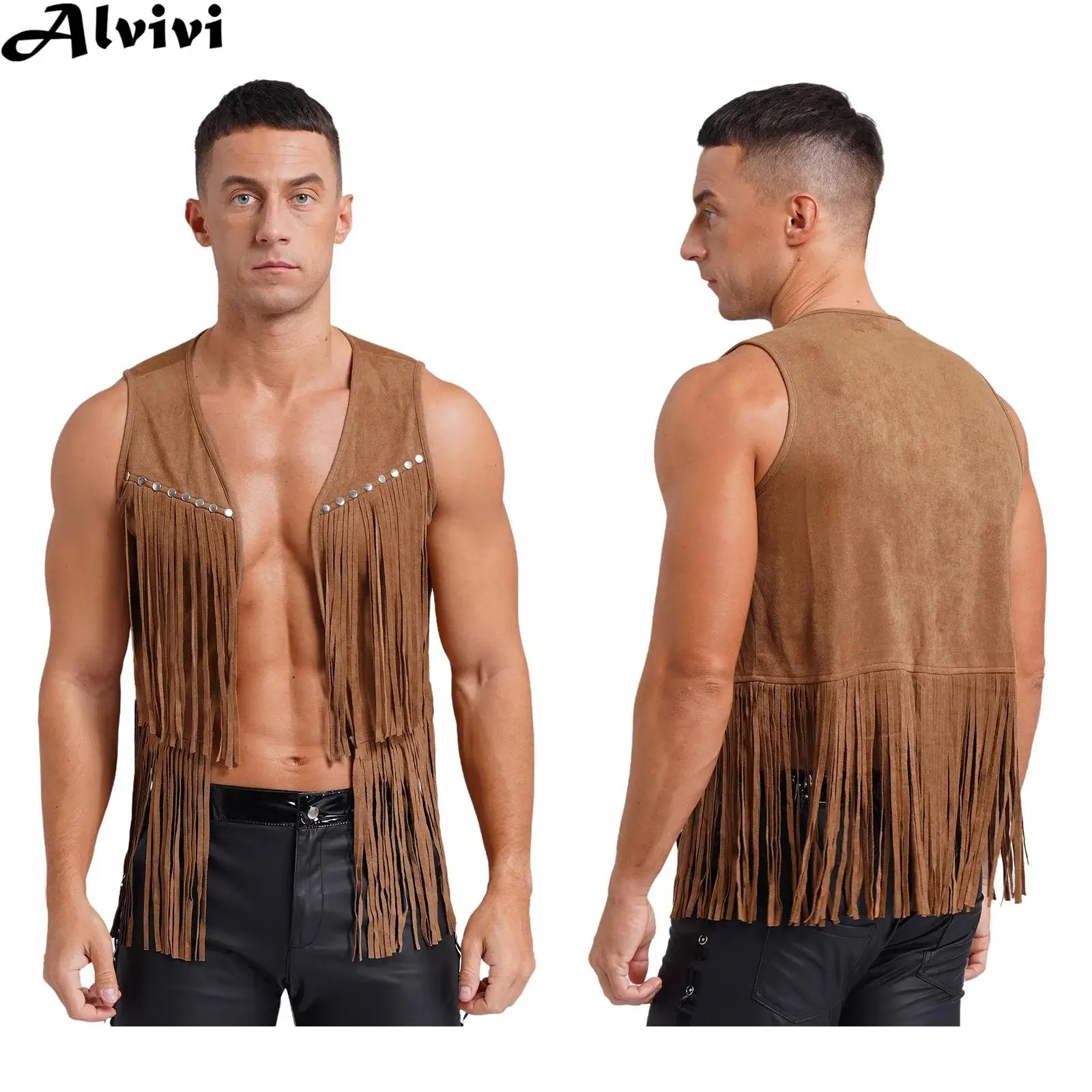 

Мужской и женский жилет в стиле стимпанк в стиле ретро, Клубная одежда, искусственная замша, жилет с кисточками и заклепками, тематическая вечеринка на Хэллоуин, ковбойский карнавальный костюм в стиле вестерн