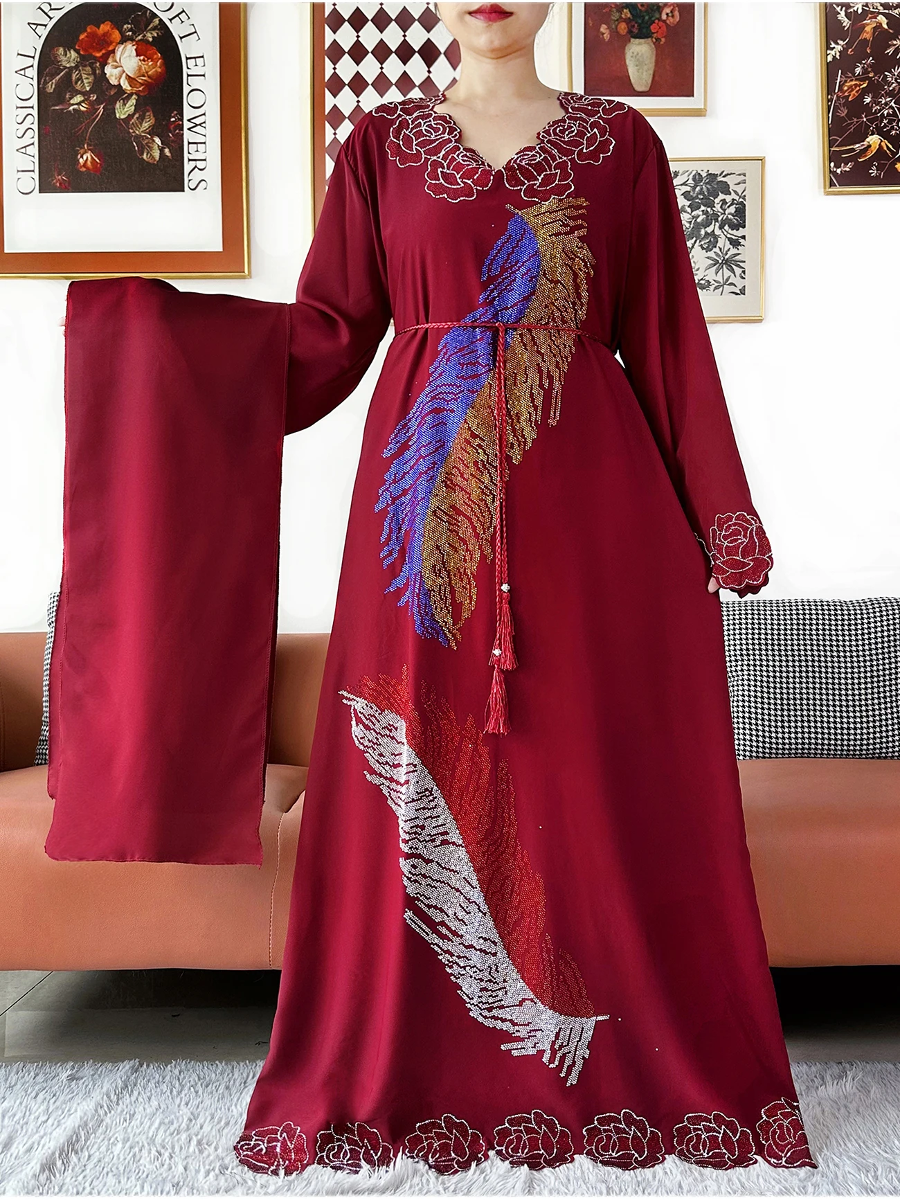 

2026 Muslim Party Dress Chiffon Diamond Long Sleeve Fashion Clothing African Abaya Women Robe Dubai Turkey Islamic Robe