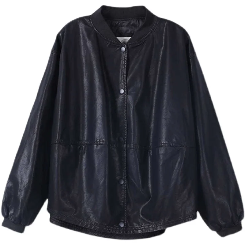 เสื้อโค้ทหนังทรงหลวมสำหรับผู้หญิง รุ่นใหม่ประจำฤดูใบไม้ร่วง สไตล์เกาหลี ไซส์ใหญ่ แต่งกระดุม เหมาะสำหรับใส่ไปทำงาน แขนยาว