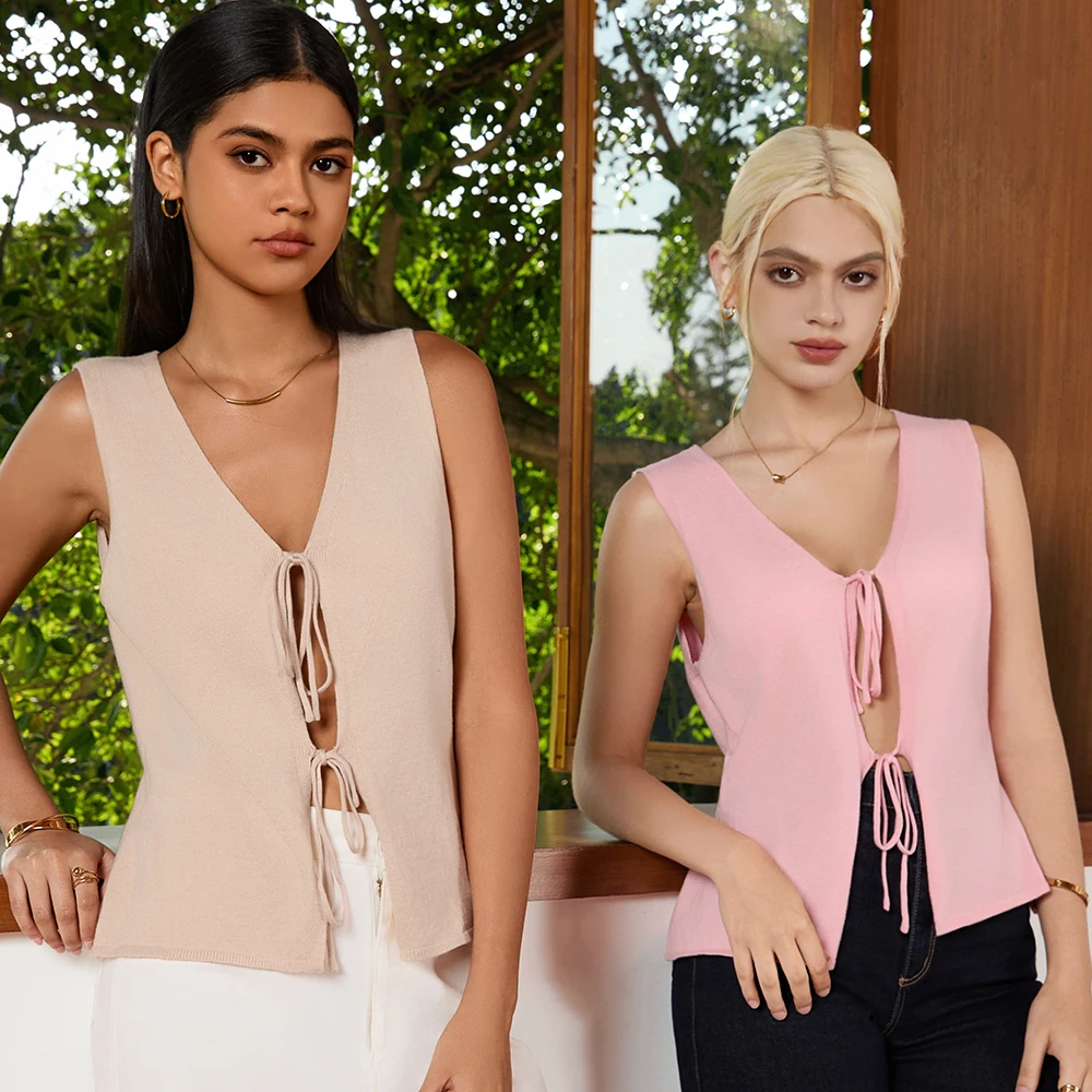 

Women Tie Front Top Sweater Vest Summer Vacation Outfits Fashion Trendy Tops Vest Knitted Wear Lady Y2K Tank Tops Female