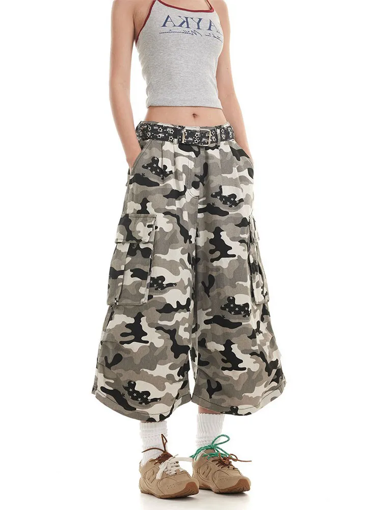 American High Street Retro Camouflage Pleated Seven-Foot Pants Men Women Summer Loose Wide Leg Straight Casual Shorts