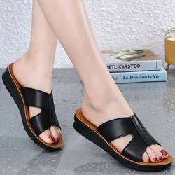 2024 New Genuine Leather Mom Slippers Women's Summer Outer Wear Middle-Aged and Elderly Sandals Flat Soft Bottom Large Size