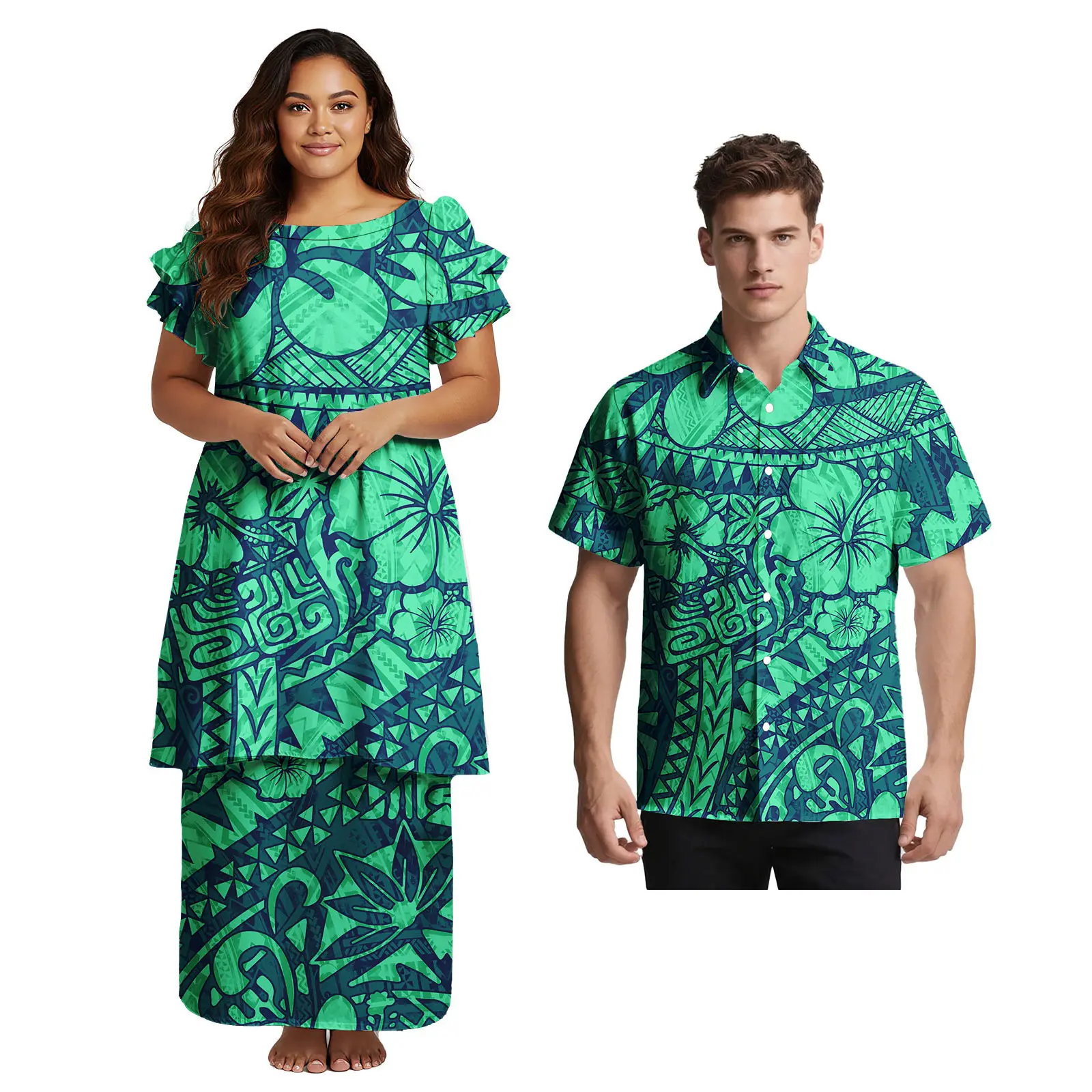 Couple Sets Two Pieces Hawaii Polynesian Tribal Print Plus Size Ladies Church Elegant Dress Match Men Aloha Shirts