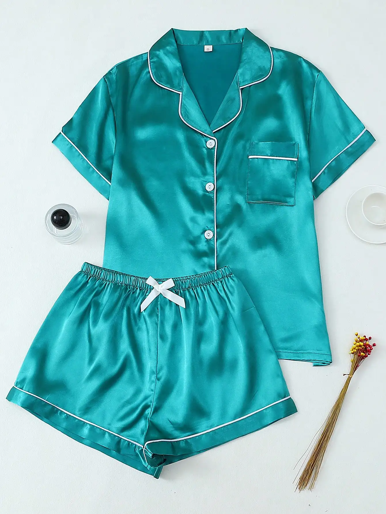 

Teal Satin Pajama Set with White Trim, Short Sleeve Button-Up Top and Bowknot Shorts