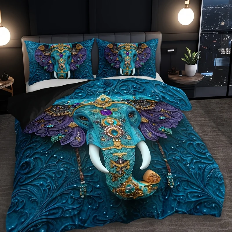Retro Ethnic Style Elephant Print Quilt Cover Set with 2 Pillowcases High-Definition Tribal Pattern for All-Season Home Use