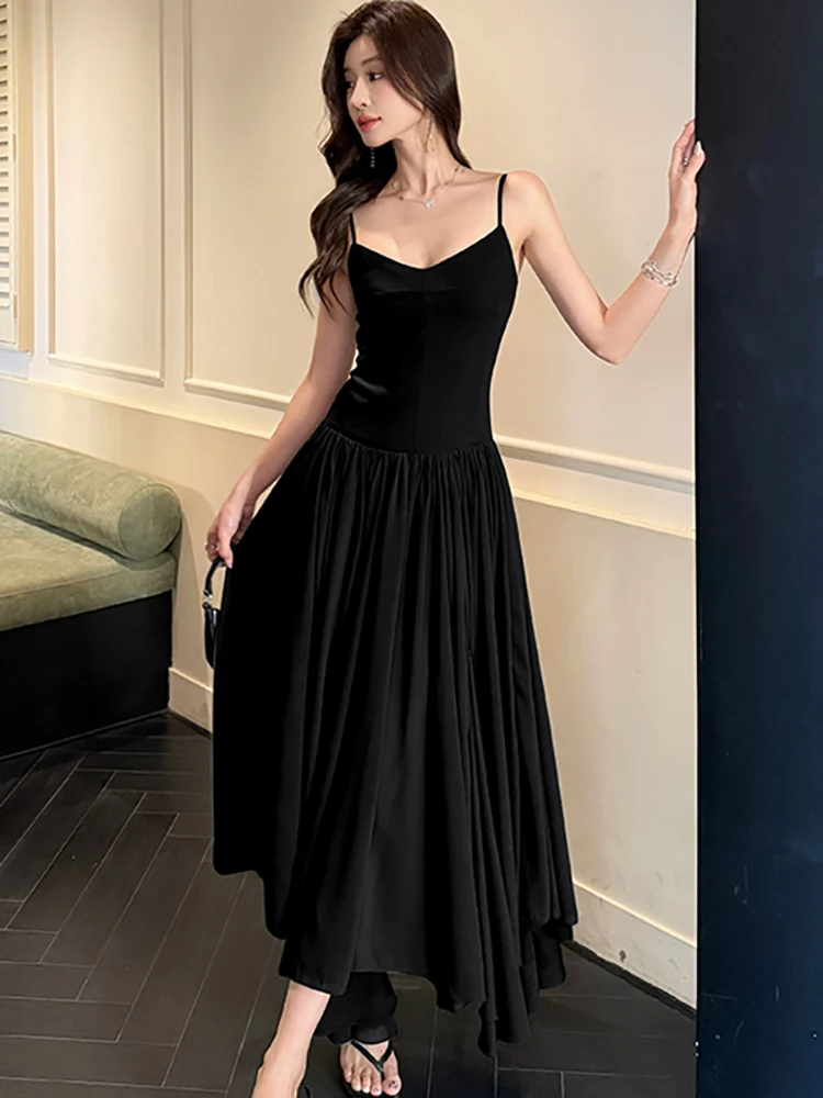 ฤดูร้อนPatchworkจีบA-Lineชุดยาวผู้หญิงสบายๆชุดสลิง 2025 เกาหลีVINTAGE Bodycon Luxury Nightชุด