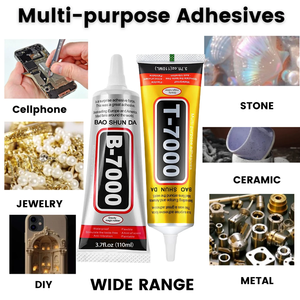 T7000/B7000 Superpegamento impermeable  Pegamento para reparación de instrumentos y altavoces  Aplicación precisa sin derrames de adhesivo para suona, guitarra, violín, tambor y trompeta. 15/50/110 ml.