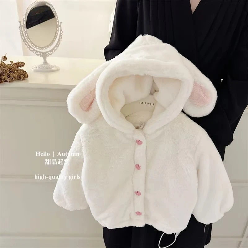 Baby Winter Clothes Set with Velvet Children's Cute Rabbit Ears White Velvet Coat+ Shorts 2026 New Warm Clothes Trendy Outfits