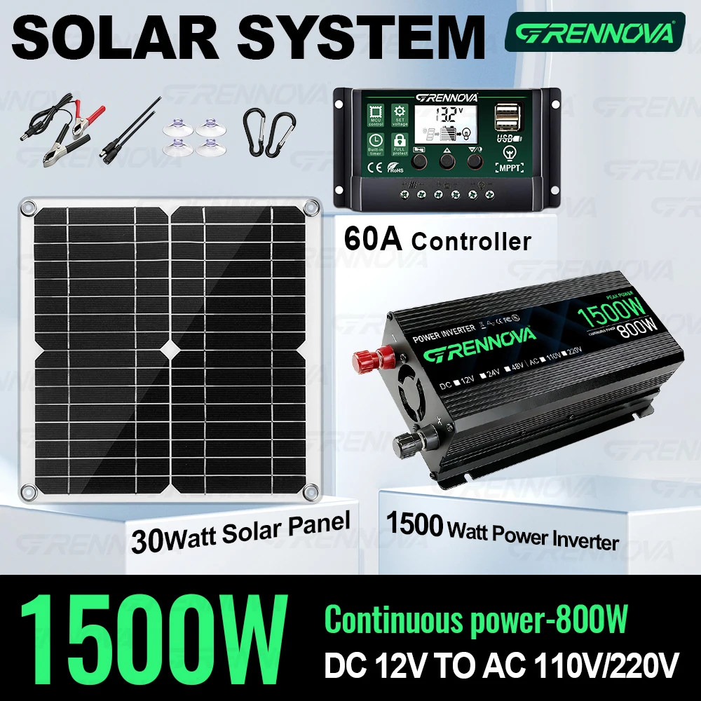 1500W Peak Solar Power Generator Kit Inverter 12V To 110V 220V 30W Panel 60A MPPT Controller for Car RV & Home Small Appliances