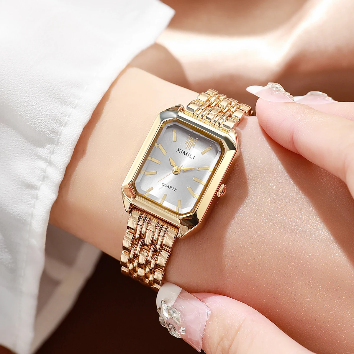 2PCS Elegant Rectangle Woman Quartz Watches Set Luxury Stainless Steel Band Wristwatches Reloj Mujer（Without Box）