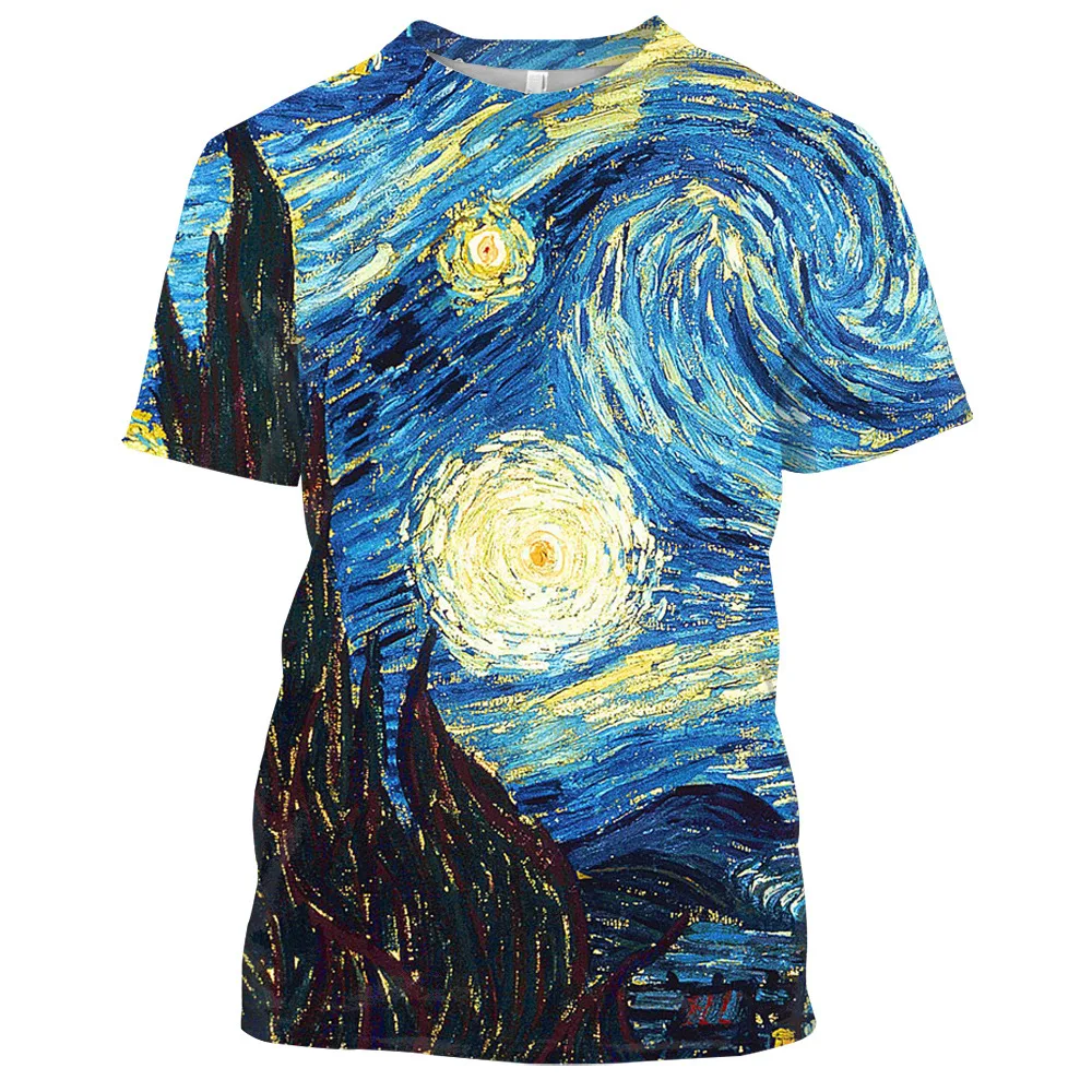 2023 Hot Sale Van Gogh Oil Painting 3D Printed T-shirt Men Women Casual Round Neck Sports Short Sleeve Streetwear Tee Tops