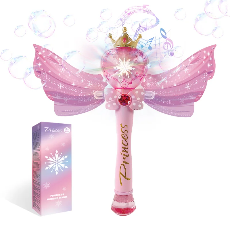 Varita de burbujas de princesa con música y luces LED, alas rosas, juguete de varita mágica - Regalo de burbujas de ensueño (líquido de burbujas no incluido)
