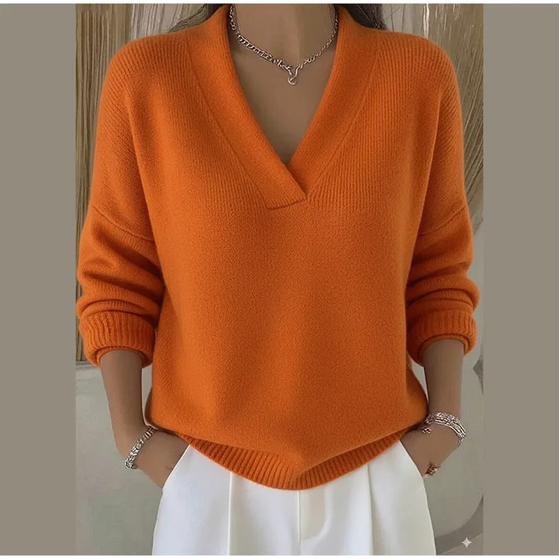 Damen-Strickwaren, V-Ausschnitt, langärmelig, Strickpullover, Herbst, einfarbig, locker geschnitten, Basic, vielseitig kombinierbar, Frühling, neue Streetwear-Kollektion. – Detail 7