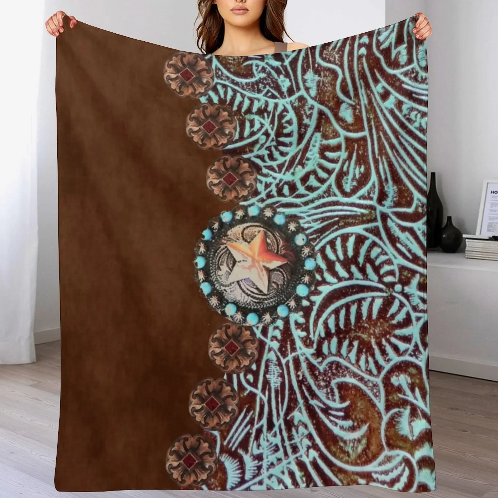 

Primitive cowboy cowgirl western country brown turquoise Throw Blanket Warm Throw Blanket Gift for Anniversary