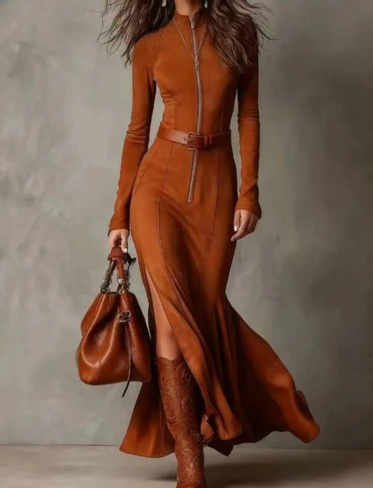 فستان ماكسي بياقة واقفة وسحاب مرقع لربيع الخريف للنساء فستان حفلات أنيق بأكمام طويلة، فستان أنيق وبسيط للسيدات