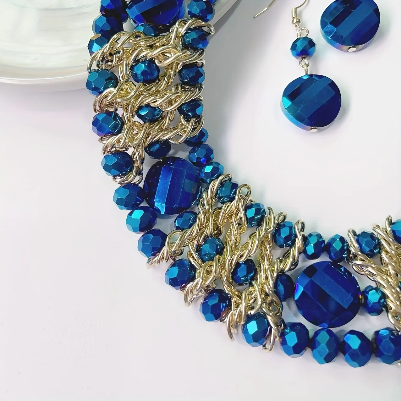 Bohemian Style Handcrafted 3-Row Blue Crystal Beaded Necklace and Earrings Set,  Versatile for Daily Wear and Gift-Giving