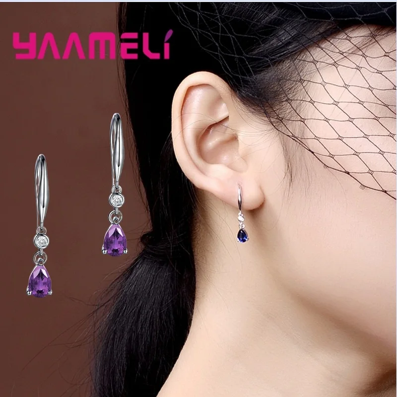 Genuine 925 Sterling Silver Geometric Crystal Zircon Drop Earrings for Women Girls Wedding Party Fashion Jewelry Gifts Accessory