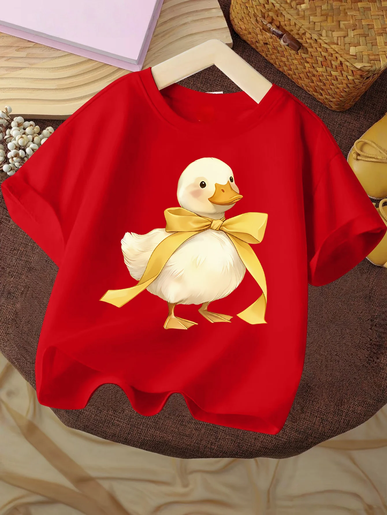 Cute White Duck With Yellow Ribbon Kawaii Cartoon Graphic Print T Shirt Family Matching Boys Girls Kids Short Sleeve Daily Tees