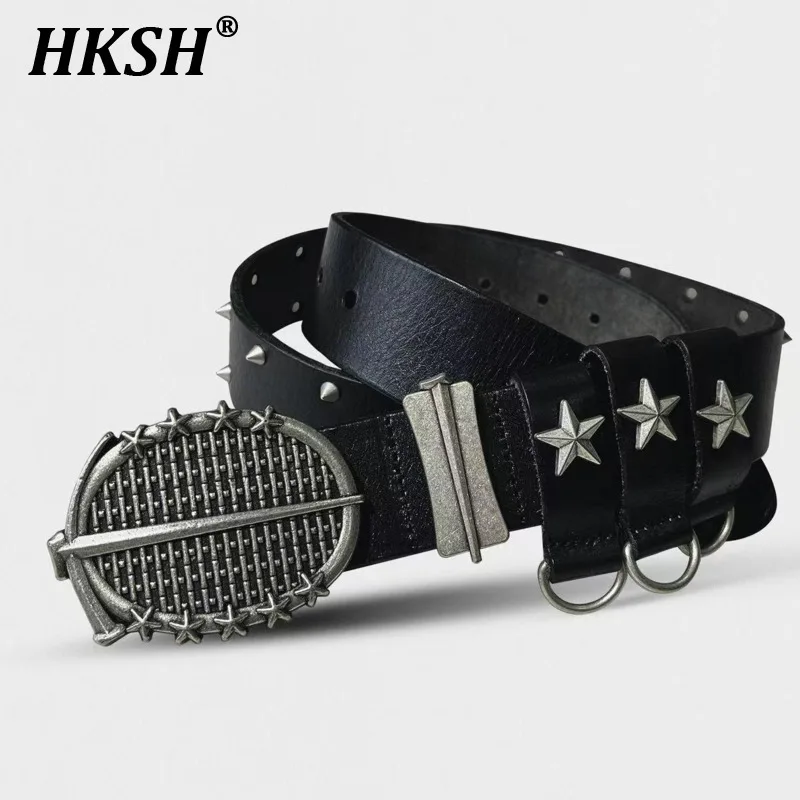 

HKSH 2025 Spring Summer New Men's Tide Punk Star 925 Sterling Silver Cowskin Top Layer Cowhide Belt Women Y2K Chic Ins HK4615