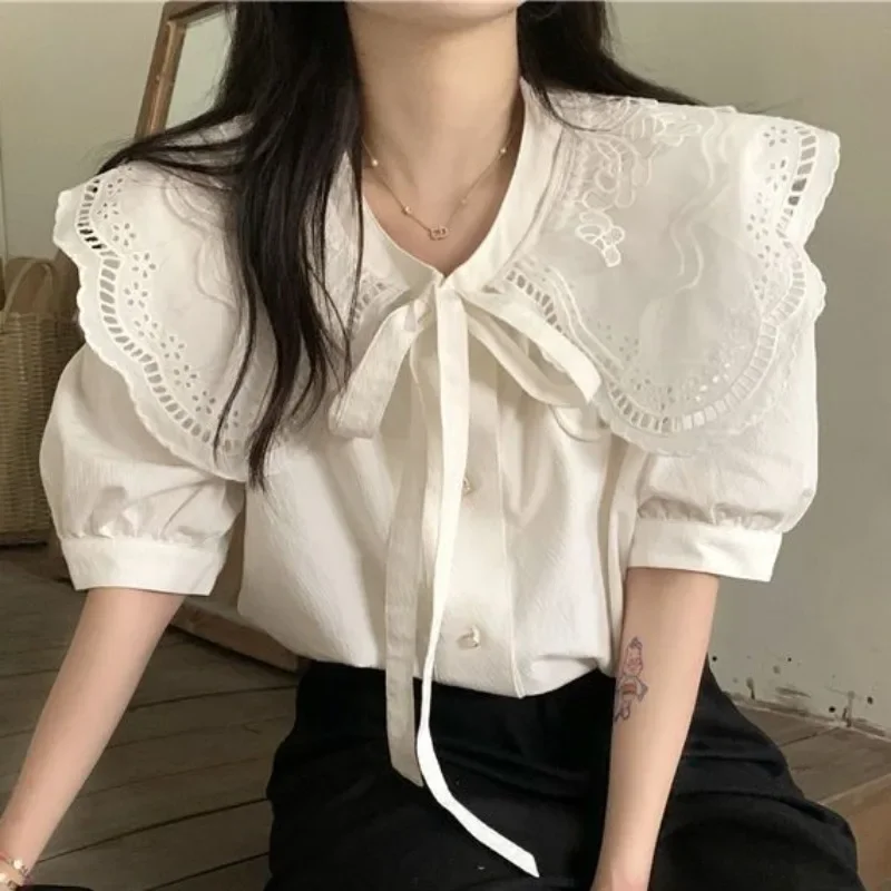 

Ruffled Collar Shirts for Women Short Sleeve Summer Clothing All-match Lovely Korean Style College Lace-up Bow Design Fashion