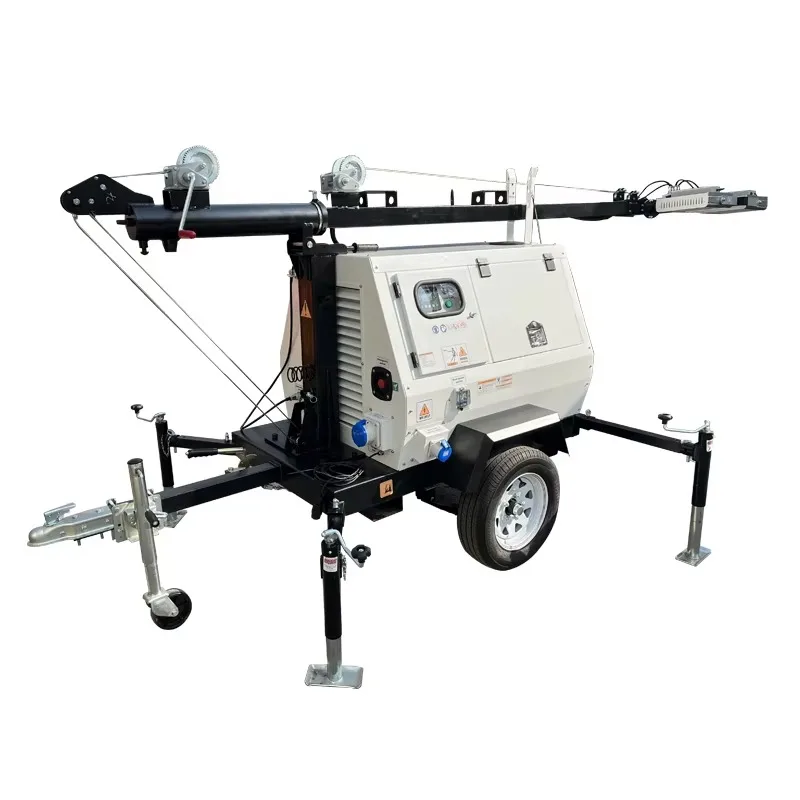 Generator Powered Mobile Light Tower with Adjustable LED Lamps and Trailer Frame for Outdoor Emergency Work Sites