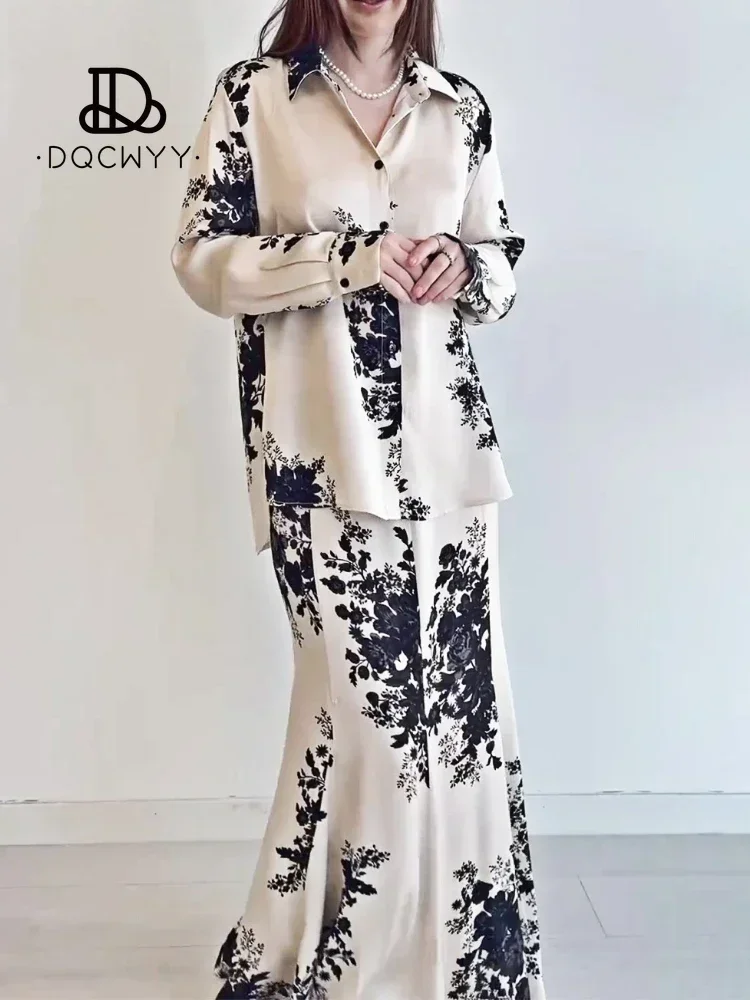 DQCWYY Elegant Women\'s Sets Loose Style Acetate Satin Print Design Spring Summer Clothing Women\'s Clothing Sales Women\'s Suits