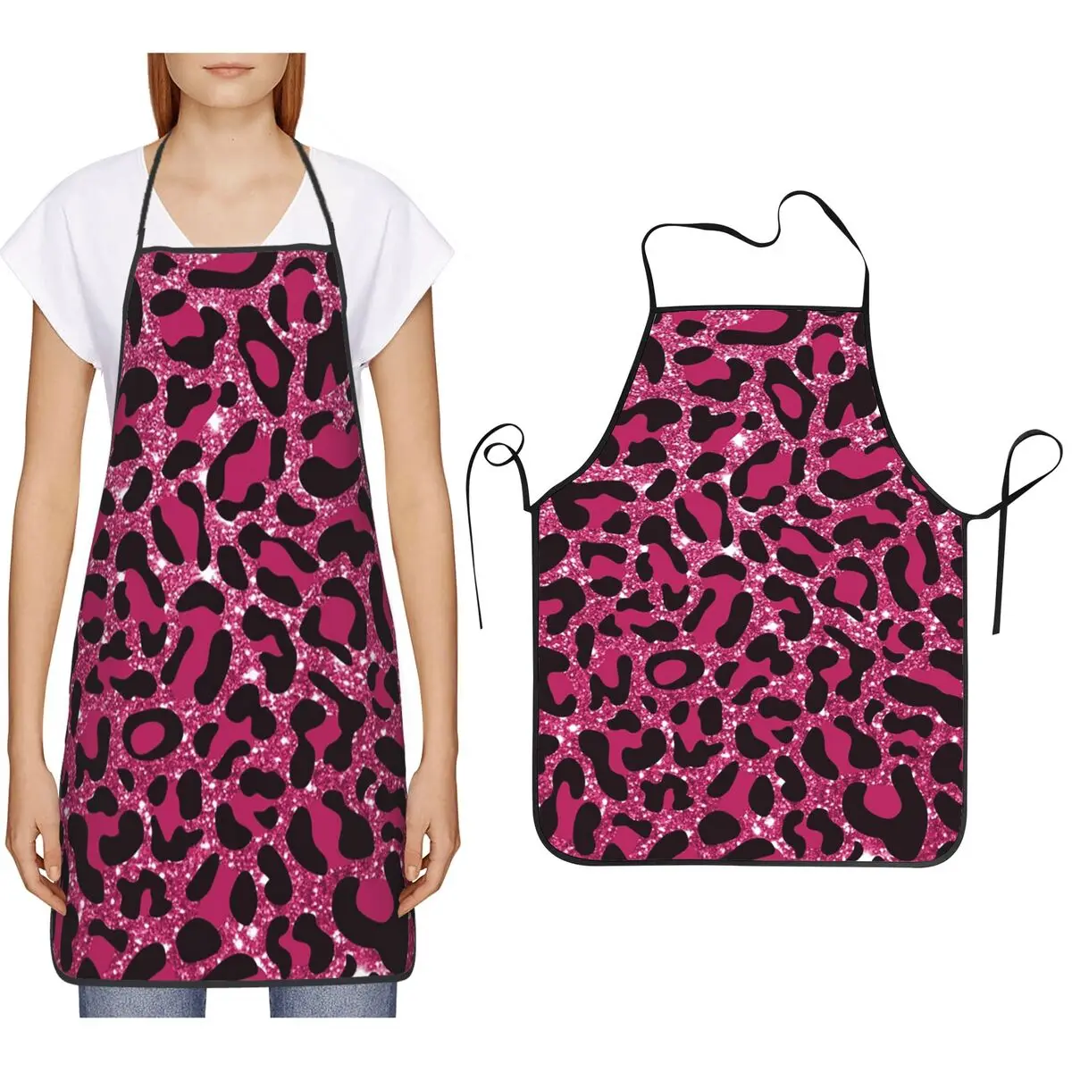 Pink Glitter Sparkly Leopard Pattern Aprons Chef Cooking Baking Tablier Bib Kitchen Cleaning Pinafore for Women Men Painting