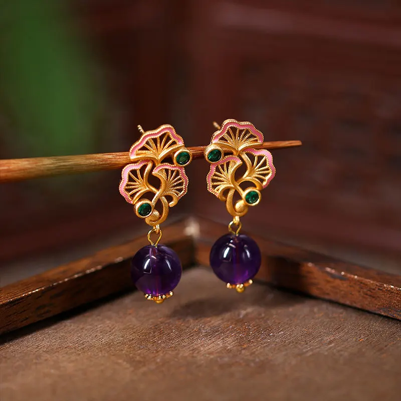

Chinese Style Natural Amethyst Silver Needle Women's Earrings Classical Jewelry