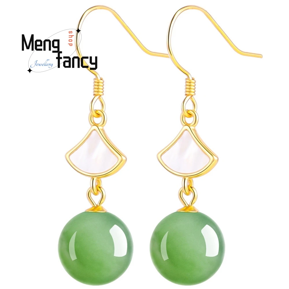 Spinach Green S925 Silver Natural Hetian Jade Round Pearl Earrings Jade Temperament Fashion High-Grade Sense Women's Earrings