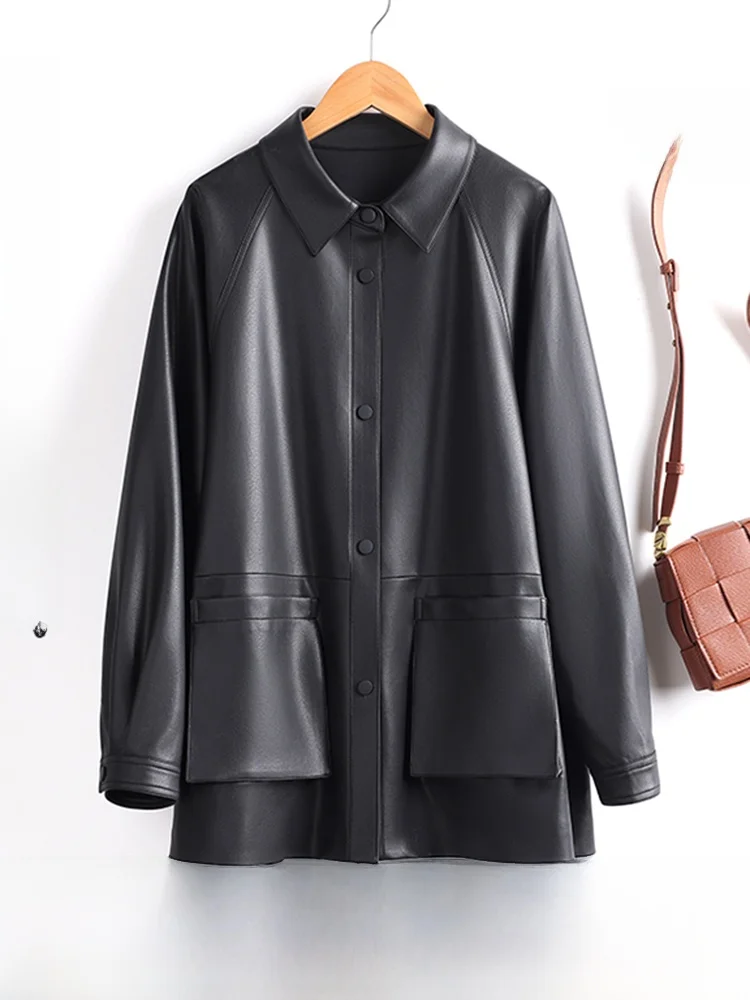 

Ning Genuine Leather Jaet Women's Mid-Length 2025 New Korean Version Loose eepskin Casual Leather Jaet