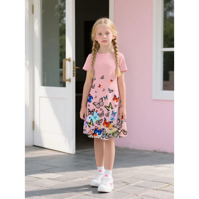 

2025 New Products: Girls' Butterfly Print Summer Short - Sleeved Dress, Children's Clothing