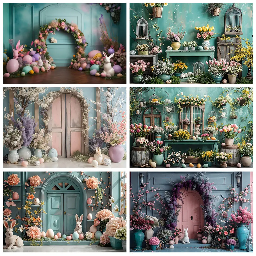 

Spring Easter Backdrop For Photography Rabbits Color Eggs Spring Flowers Garden Wood Baby Portrait Background Decor Photo Studio