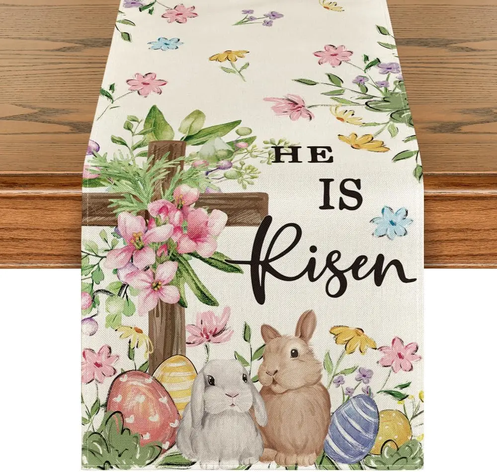 Easter Bunny Rabbits Eggs He Is Risen Linen Table Runner Party Decor Spring Kitchen Dining Table Runner Easter Decorations