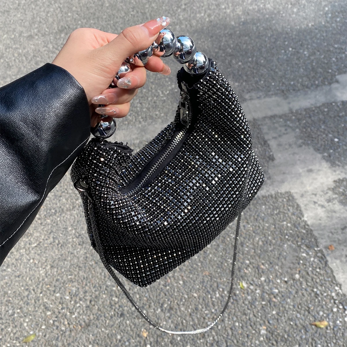 JIOMAY Fashion Steel Ball Handle Tote Bag Exquisite Rhinestone Shoulder Bags Luxury Designer Bags Purses for Women Makeup Bag