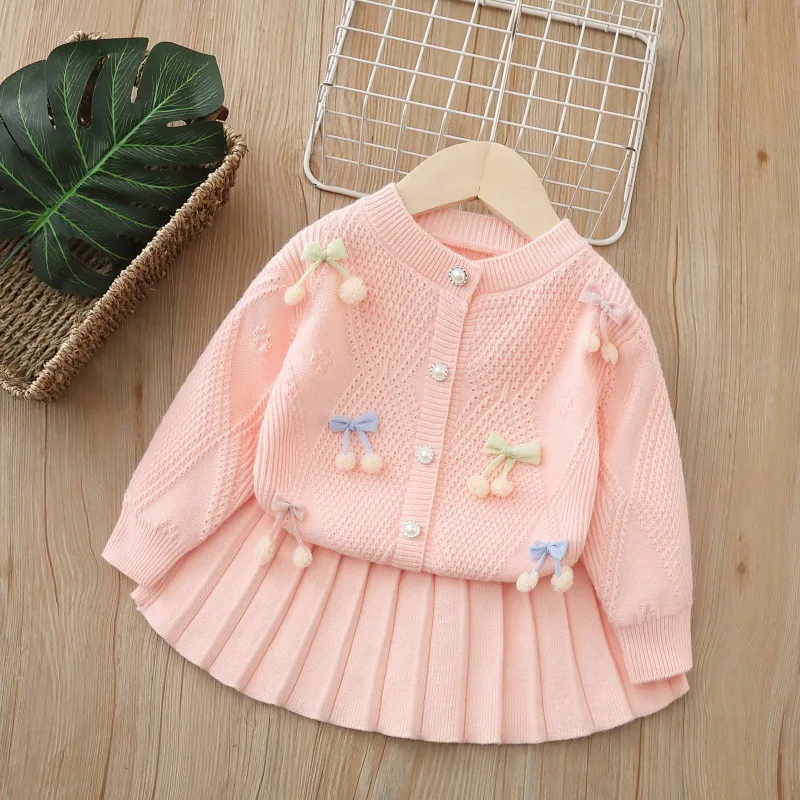 Children's Sets 2025 Autumn New Girls'  Cardigan Set  Charming 2PC Sweater Skirt Outfit Boho-Chic Toddler Twin Set