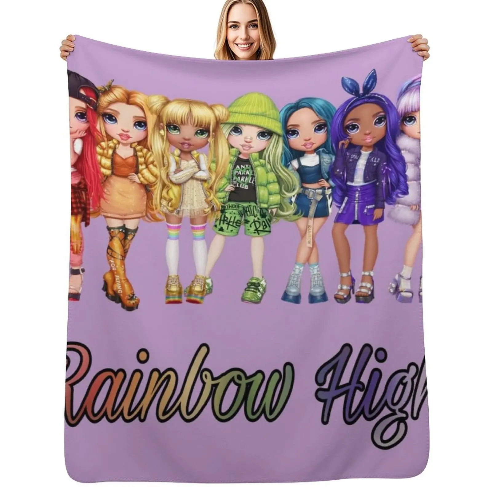 Rainbow high main characters and logo Throw Blanket Plush Fuzzy Cozy Blanket for Couch Sofa