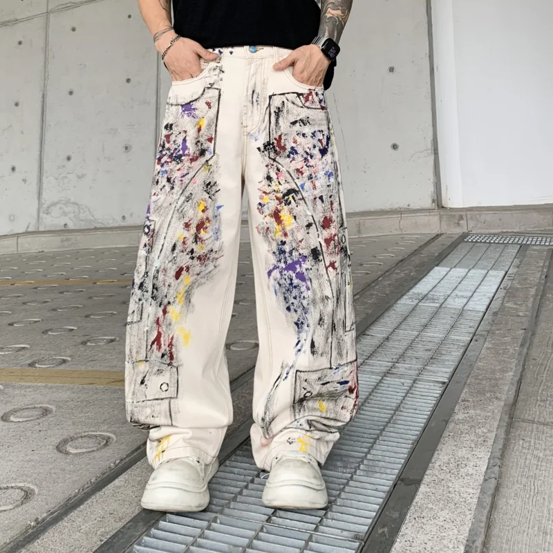 

ZLJ41001 American high street new tide loose wide leg trend beige wash graffiti hip hop jeans men