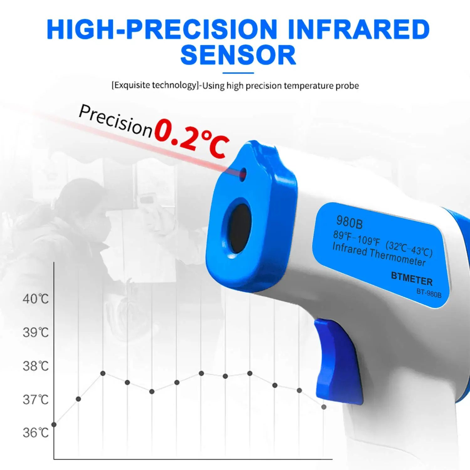 BT-980B Non-Contact Infrared Thermometer Digital Temperature Gun Measure 32℃～43℃/ 89 to109℉(NOT for Human)