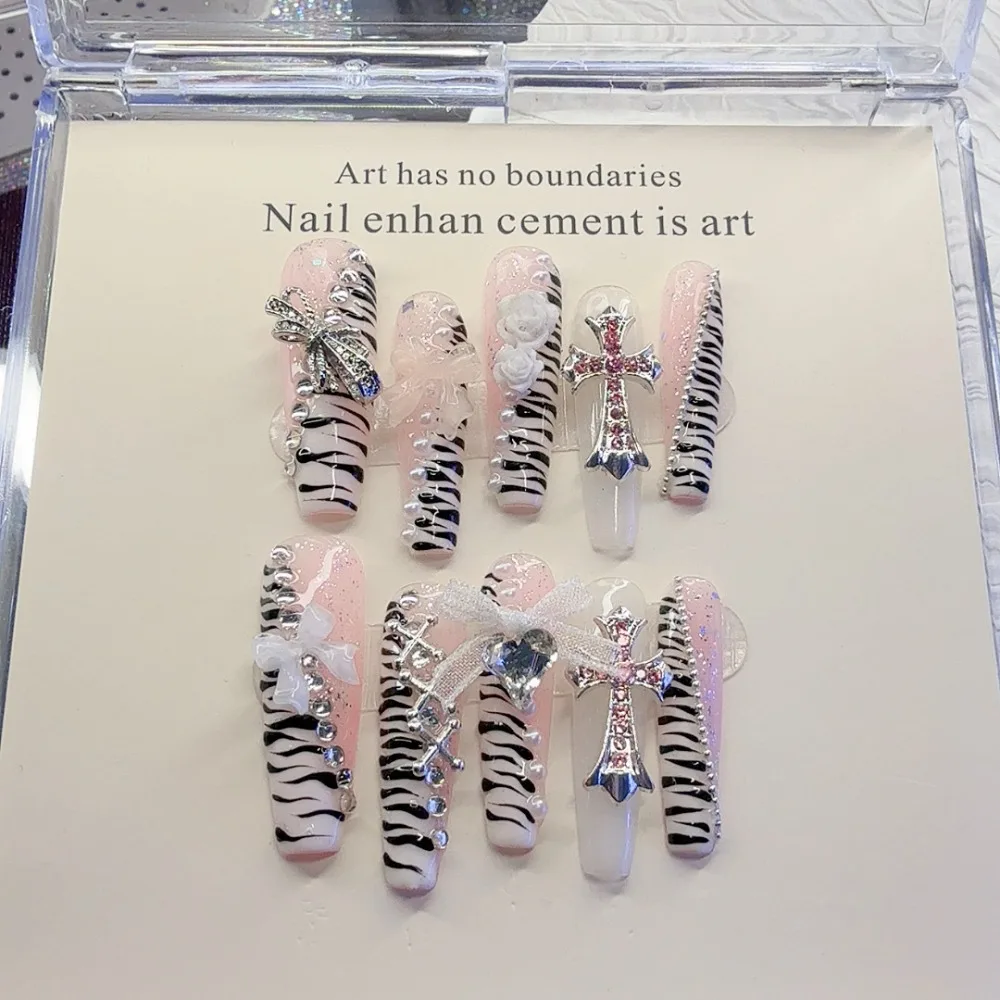 10 Pieces Y2K Pink Zebra Pattern Gothic Cross Handmade Press On Nails Rose Yarn Bow Pearl Heart Pendant Art Fake Nails Reusable