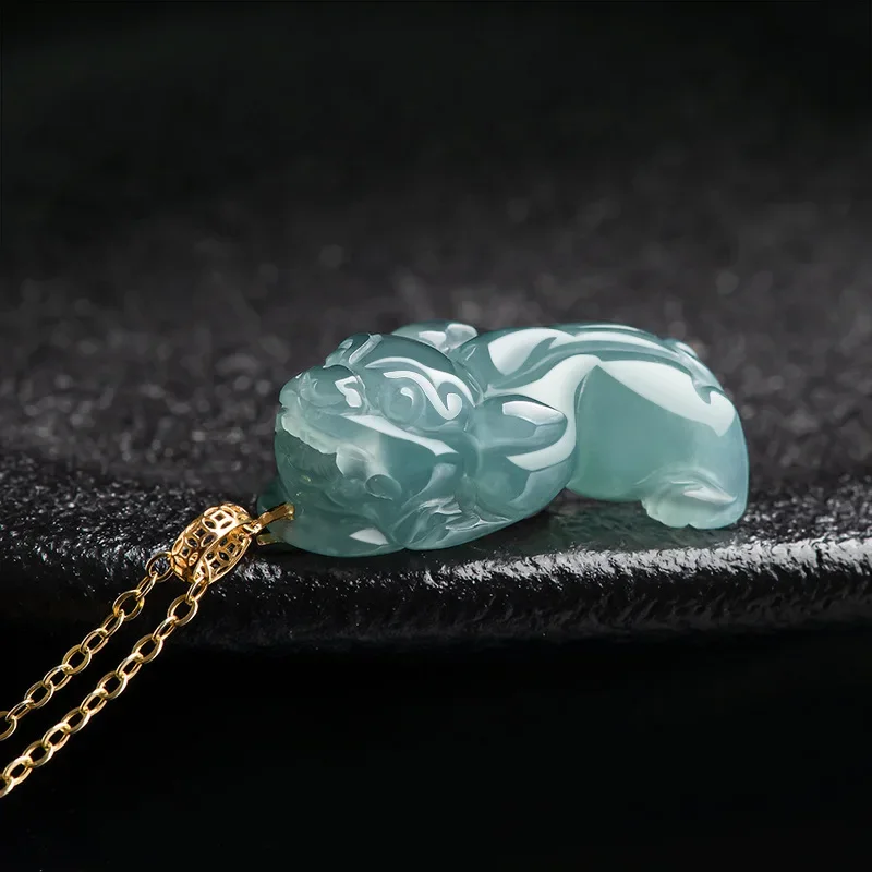 

Burmese Jade Pixiu Pendant Jadeite Gifts for Women Blue Jewelry Gemstone Carved Natural Necklace 925 Silver Choker Charm