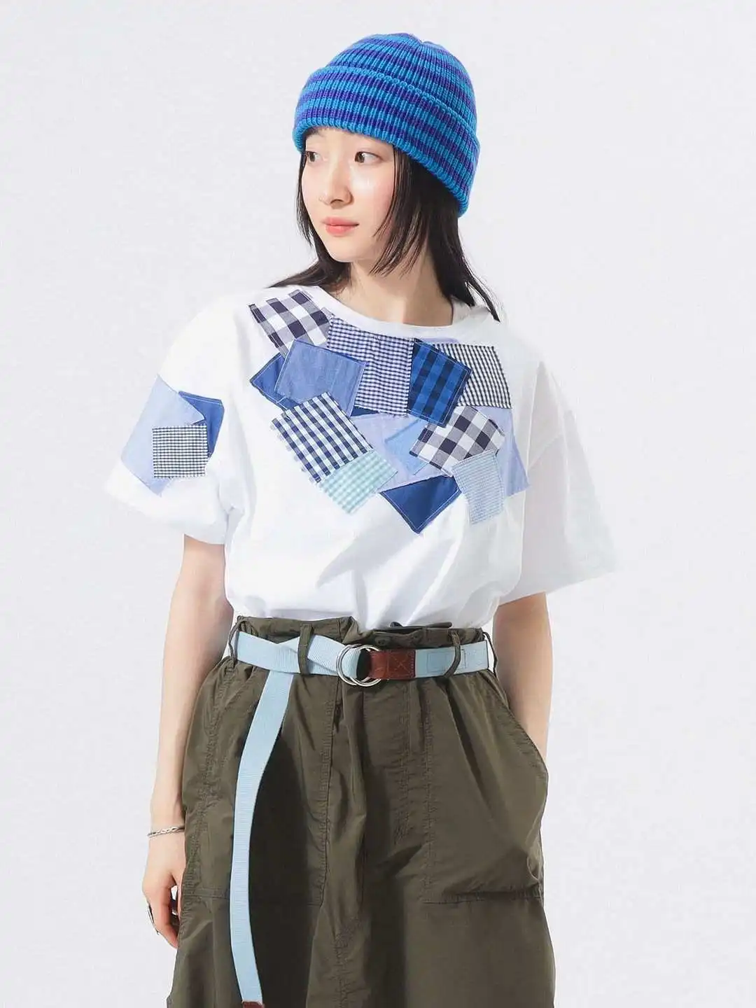 

Summer 2026 Women's Loose Fit Short Sleeve T-Shirt Pure Cotton Plaid Patchwork Design Casual Style Breathable round Neck Top