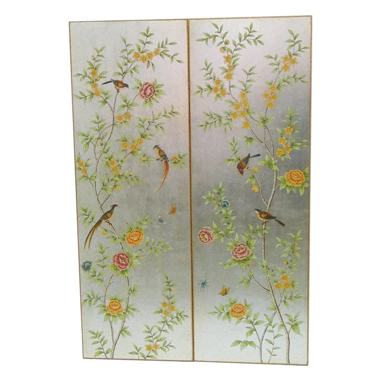 decorative paintings, hand-painted silver foil paintings on wood panels, Chinese flowers and birds on the background wall