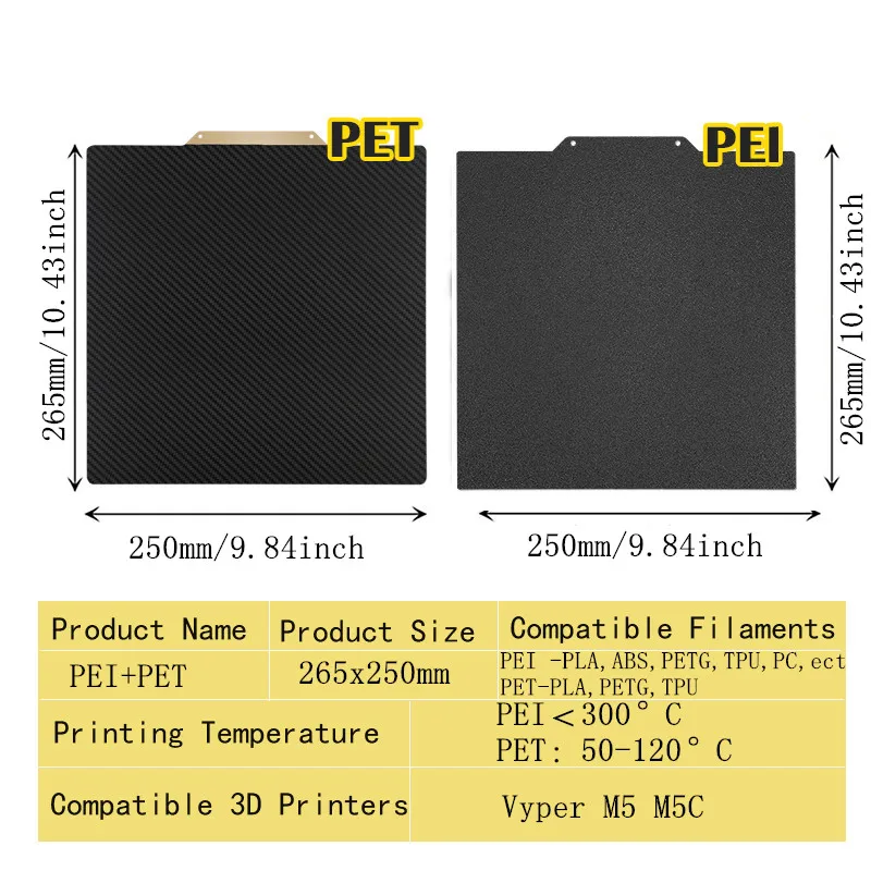 

ENERGETIC For Anycubic Vyper M5 M5C PEI Build Plate Double Side Textured Black PEI+Smooth PET PEO Spring Steel Sheet 265x250mm