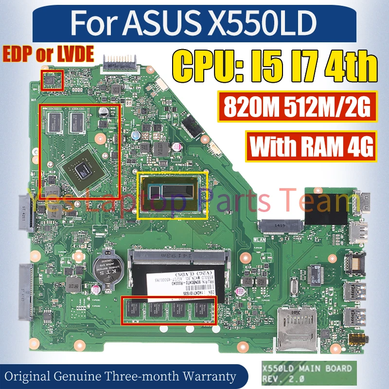 REV.2.0 For ASUS X550LD MAIN BOARD SR170 I5-4200U N15V-GM-S-A2 820M 512M/2G  RAM 4G Notebook Motherboard 100％ Tested