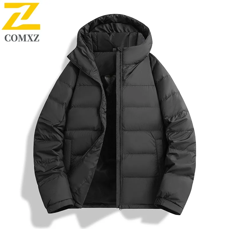 COMXZ Warm 90% Goose Down Jacket Men Winter Business Casual Removable Down Liner Hooded Puffer Coats Outwear Solid Thick Parkas