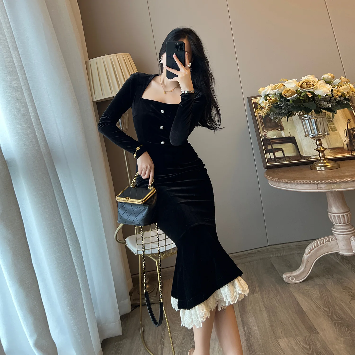 French Square Collar Black Dress Women's Winter Retro Slim Velvet Hip Skirt Elegant Long