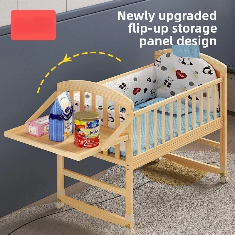 Crib Splicing Large Bed Solid Wood Unpainted Eco-Friendly Mobile Baby Cradle Newborn Multifunctional Children's Sleeping Bed